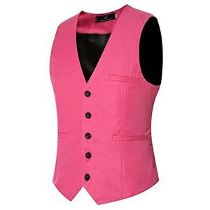 Heren Casual Formele Pure Kleur Bruiloft Vest 3 Knopen Vest Gilets Tops, roze, 6XL