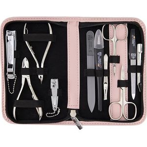 DREI SCHWERTER - Germany 10-delige manicureset 'Spezia' | nageletui in roze kunstleer | Inhoud: nagelschaar, nageltang, pincet, glazen nagelvijl en nog veel meer