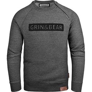 Grin&Bear GEC541 Crew Neck Capuchontrui voor heren, met capuchon hoody, met design en rubberen rits, antraciet, L