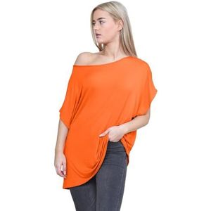 Hamishkane Nieuwe Dames Batwing Mouw Plain Uit De Schouder Bardot Oversized T-Shirt Mini Top, Neon Oranje, 50-52 grote maten