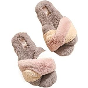 Vrouwen Open Toed Fuzzy Slippers,Leuke Huisschoenen Indoor Outdoor Warm Comfortabel Ademend voor herfst en winter, Grijs, 5-6