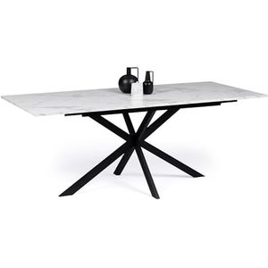 IDMarket - Eettafel, uittrekbaar, rechthoekig, Alix, 6-10 personen, spinnenvoet, metaal, zwart, dienblad met marmereffect, wit, Alaska 160-200 cm