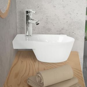 ML-Design keramische wastafel in wit, 37,5x19x14 cm, ovaal, klein, kraangat links, wand- of opzetwastafel, moderne wastafel waskom handwasbak, voor badkamers