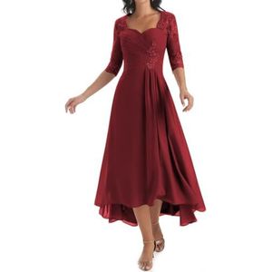 KIYNE Damesjurk, lange jurk voor moeder van de bruid met mouwen, geplooide kanten applicatie, V-hals, formele avondjurk, Bordeaux, 32