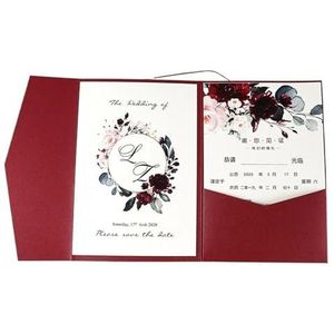 Huwelijksuitnodigingskaart 50 sets drievoudige zak bruiloft uitnodigingskaart aangepaste print verloving XV verjaardag doop uitnodigingen voor bruiloft (kleur: donkerrood, maat: hele set aanpassen)