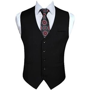 Enlision Gilet voor heren, formele effen giletjes voor bruiloft, effen kleur smoking, smokingjas, zakelijk pak, vest met zakken XS-4XL, Zwart, M