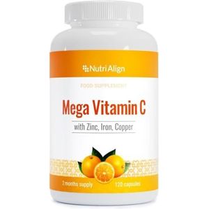 Nutri-Align Mega Vitamine C | 120 Vitamine C-Capsules van Hoge Sterkte 1000 mg Vit C per Dosis - Vitamine C en Zink-, IJzer- en Kopersupplement | Vitamine C-Supplementen | Gluten- en Suikervrij