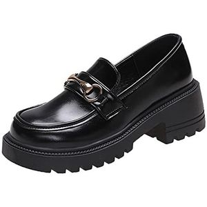 AQQWWER Damesschoenen Spring and Autumn New Women Flat Shoes Ladies Leather Platform Shoes Casual Buckle Shoes Ladies Fashion All-match Shoes (Color : Schwarz, Size : 35 EU)