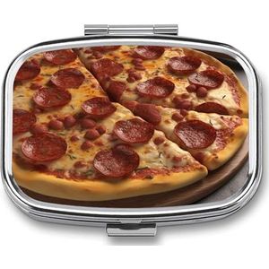 3D Pizza Pepperoni Pillendoos 2 Compartimenten Vierkante Pillendoos met Spiegel Metalen Pil Organizer Reizen Pillendoos Mini Geneeskunde Opbergdoos voor Pocket Purse