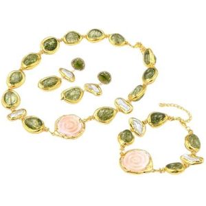 PYRJLMYQ Murano glazen sieraden set voor vrouwen, natuurlijke witte keshi kralen sieraden, roze, koningin bloem, groen, ketting, armband, oorbellen, Eén maat, Agaat