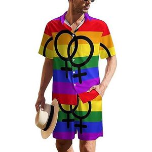Lesbian Pride LGBT-vlag Hawaïaans pak voor heren, 2-delig, strandoutfit, shirt en korte broek, bijpassende set