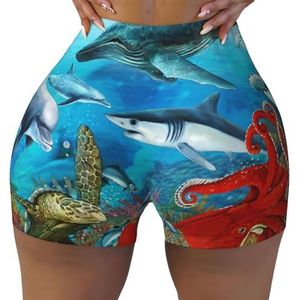 Dames sport elastische shorts dolfijnen zeeschildpad octopus koraalrif afdrukken vrouwen workout shorts ademend en sneldrogend yoga shorts, Zwart, S-3XL Short