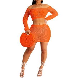 LoprNsdgt Vrouwen Gehaakte Bedekken Tweedelige Outfits Crop Tops Met Lange Mouwen En Minirokjes Met Trekkoord,Oranje,L