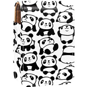 Draagbare Lipstick Case voor op reis, Mini Lipstick Opbergdoos met spiegel voor vrouwen dames, Lederen cosmetische etui Chinese Panda Patroon spelen Zwart Wit, Meerkleurig, 9.5x2x7 cm/3.7x0.8x2.7 in