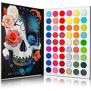 DE'LANCI La Catrina neonoogschaduwpalet, 54 kleuren, matte glinsterende glitters, levendige blacklight make-uppaletten, glow in the dark make-up, mengbaar, duurzaam, waterdicht, regenboog, UV