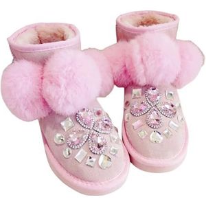 ZIRIA Roze haarbal handgemaakte winter plus fleece warme laarzen rhine-diamant bont eendelige laarzen, 1, 42 EU