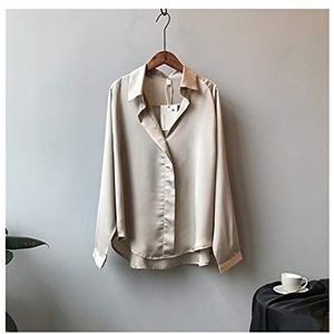 Lente Dames Mode Lange Mouwen Satijn Blouse V-hals Street Shirts Elegante Imitation Silk Blouse (Color : Champers, Size : Medium)