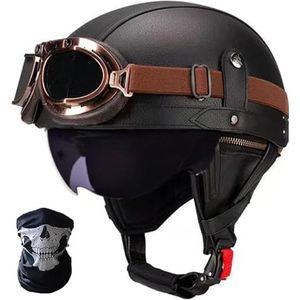 DOT/ECE-goedkeuring leren halve helm, retro motorfiets halve helm met bril, snelsluiting, volwassen halve jethelm, cruiser, scooterhelm, vintage B,XL=61-62CM