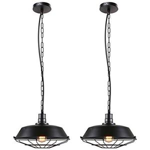 iDEGU 2 stuks hanglampen industriële metalen retro kroonluchters plafondlamp E27 lamp lampenkap vintage voor keuken, eetkamer, restaurant, café en bar - Ø 26 cm, zwart