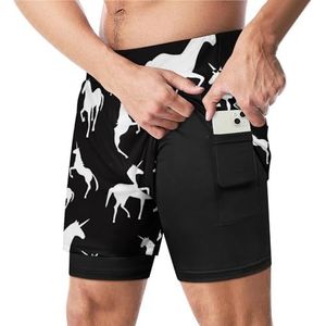 Zwarte Eenhoorn Patroon Grappige Zwembroek met Compressie Liner & Pocket Voor Mannen Board Zwemmen Sport Shorts