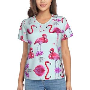 NilaHoroan Roze flamingo's print dames zomer tops casual V-hals T-shirt, korte mouw, losse pasvorm geklede trui, Zwart, L