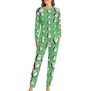 Grappige Sushi Katten Zachte Dames Pyjama Lange Mouw Warme Fit Pyjama Loungewear Sets met Zakken M