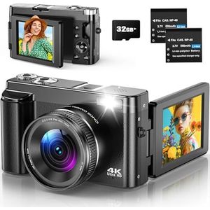 Digitale camera 4K digitale camera 48 MP met autofocus, 180° inklapbaar scherm van 3 inch, 16-voudige digitale zoom, 32 GB kaart en 2 batterijen voor beginners en jongeren