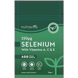 Nutravita Selenium 250 µg ACE met vitamine A, C en E, 400 veganistische tabletten (1+ jaar voorraad), ondersteunt immuunsysteem en schildklier, voor normaal haar, huid en nagels, gemaakt in het