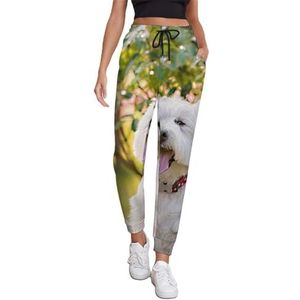 Westie Floral Joggingbroek voor dames, hardloopbroek, joggingbroek, vrijetijdsbroek, elastische taille, lang, met zakken