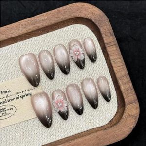 10 stuks 3D gesneden perzikbloesem persnagels glitter roze kattenoog amandel zomer handgemaakte nepnagels zwarte Franse nepnagels(5,S)