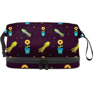 Grote capaciteit reizen cosmetische tas,Zonnebloem Pot Cultuur,Make-up tas,Waterdichte make-up tas Organizer, Meerkleurig, 27x15x14 cm/10.6x5.9x5.5 in
