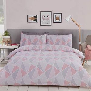 MyHome Geometrisch dubbel dekbedovertrek beddengoed set roze/grijs