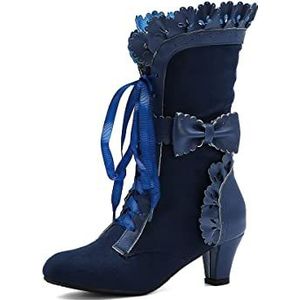 Eogrokerr Steampunk Gothic Vintage Laarzen, Kalflengte Victoriaanse Laarzen, Lederen Louis Hak Lace Up Laarzen voor Vrouwen Dames, Z3 Blauw, 42 EU