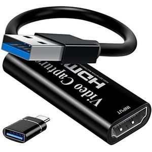 Papeaso 4K HDMI naar USB-opnamekaart, Full HD 1080p video-opnameapparaat, HDMI-videogame-opname voor het bewerken van video/games/streaming/online onderwijs (zwart)