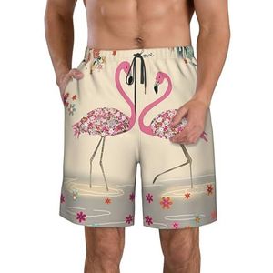 JIAWUJYNB Zwembroek met flamingo's en bloemenprint voor heren, lichtgewicht, sneldrogend, met trekkoord en zakken, Wit, M