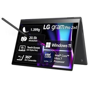 2024 LG gram Pro 16 inch 2-in-1 notebook - 1399g Intel Core Ultra7 laptop (16GB RAM, 1TB Dual SSD, 20,5h batterijduur, OLED Touch Panel, LG Stylus Pen, Win 11 Pro) - zwart