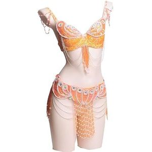 Oranje,L,PONNYC Buikdansjurken Met Kwastjes Voor Dames Glanzende Buikdanspakken 2 Delig Buikdanseres Kostuums Met Kralen Heuprok Met Pailletten En Bh Halloween Carnavalsoutfit