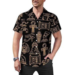 Egyptische Nefertiti en Ra Anubis en piramides Mummie Sfinx Casual Overhemden met knopen voor heren Korte Mouw Cubaanse kraag T-shirts Tops Hawaiiaans T-shirt S