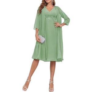 2 Stuks Moeder van de Bruid Jurk voor Bruiloft 3/4 Mouwen Chiffon Avond Prom Jassen met Jas, Sage Groen, 32