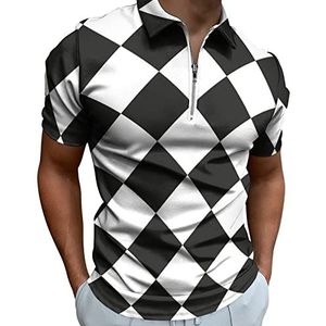 Zwart Wit Plaids Half Zip-up Polo Shirts Voor Mannen Slim Fit Korte Mouw T-shirt Sneldrogende Golf Tops Tees 3XL