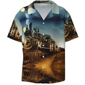TyEdee Trein- en spoorwegprint herenoverhemden met korte mouwen en zak, casual overhemd met knopen, zakelijk overhemd, Zwart, XXL