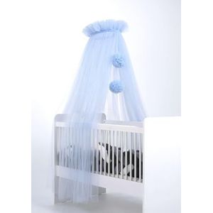 Babybedhemel van tule, bedhemel voor babybed, prinses babywieg, bijzetbed baby, muggennet, babykamer decoratie, baldakijn kinderkamer 165 cm lang, met pompons, taupe (babyblauw)