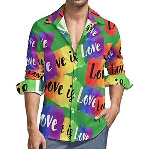 LGBT Gay Pride Love Button-down overhemd voor heren, lange mouwen, V-hals, casual tops met normale pasvorm