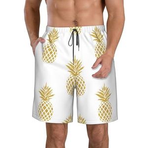 PHTZEZFC Gouden ananas achtergrondprint heren strandshorts zomer shorts met sneldrogende technologie, lichtgewicht en casual, Wit, XL