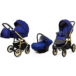 BabyLux Lux 3 in 1 Baby Reis Systeem Kinderwagen Autostoel Sushade Regenhoes Voetenzak Dragende Wielen Pasgeborene tot Baby Sailor Blue Gold Frame