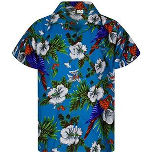 King Kameha Funky Hawaïhemd voor kinderen, jongens en meisjes, korte mouwen, borstzakje, Hawaii-print, uniseks, kersenbloesem, papegaai-patroon, Kids Cherryparrot Turquoise, 8 Jaar