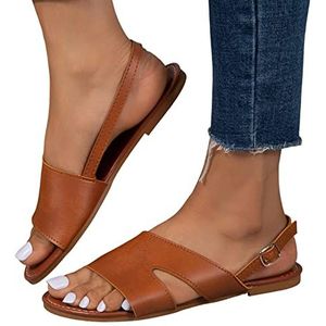 GeRRiT Leren platte sandalen Instappantoffels Slippers Damesmode Zomer Effen kleur Leren gesp Platte onderkant Zwarte Romeinse sandalen Sandaallaarzen Dames Leren platte sandalen (Color : Brown, Siz