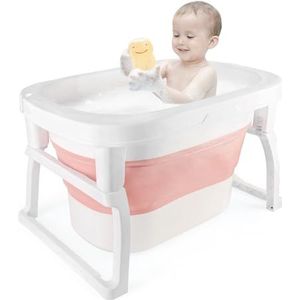 Opvouwbaar babybadje, opvouwbaar babybad met badkruk – kinderbad – voor meisjes of jongens – vanaf de geboorte tot 3 jaar, babybad op antislip voet (JE499-roze)