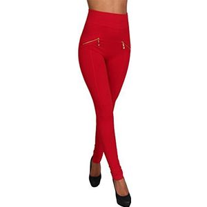 Basic stretchbroek voor dames, brede tailleband, jeggings, treggings, leggings, stof, legging 99738, rood 2, Eén maat