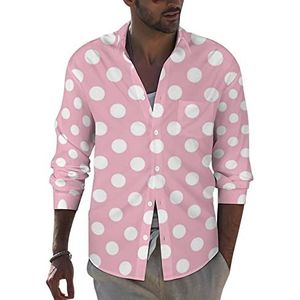 Roze Polka Dots Heren Button Down Lange Mouw Casual Strand Tops Met Pocket Regular Fit